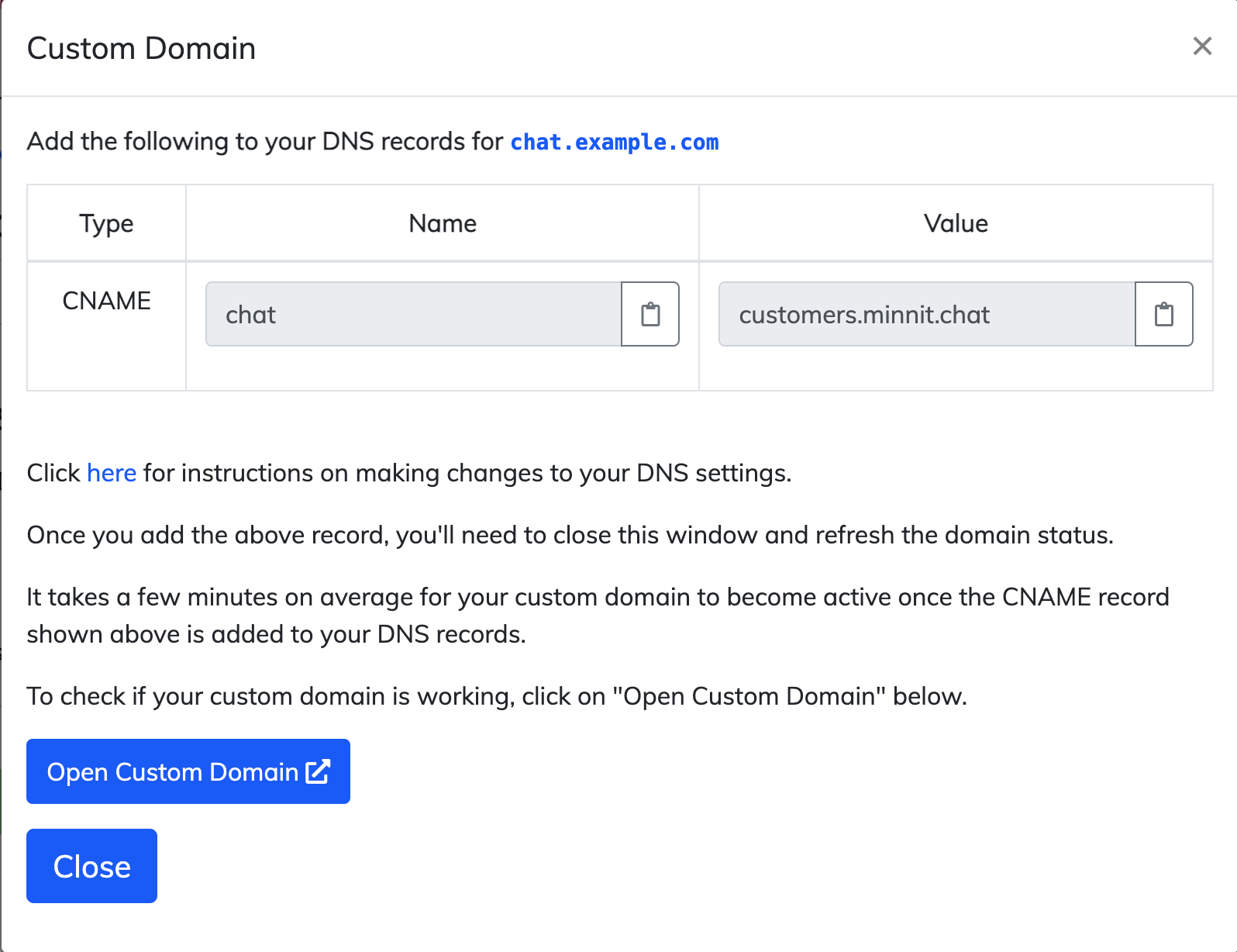 Example of custom domain DNS record required for setup