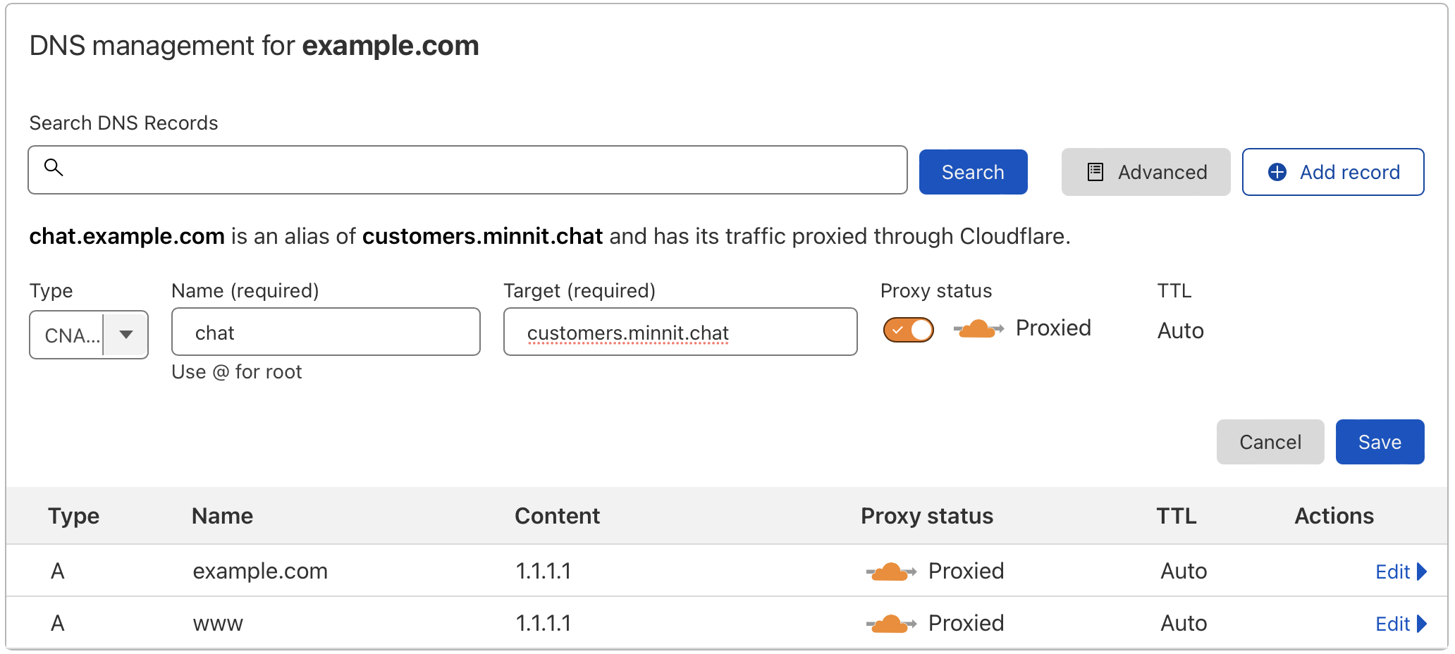 Example showing editing DNS records