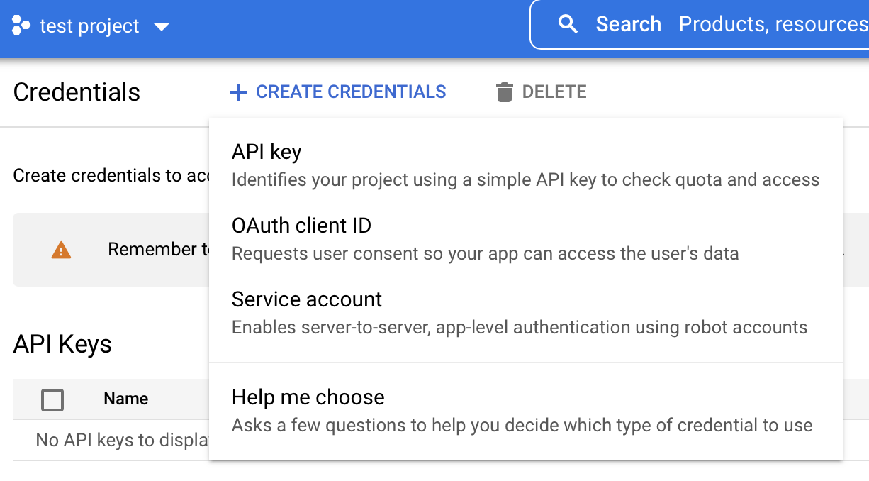 Google custom credentials setup screen example