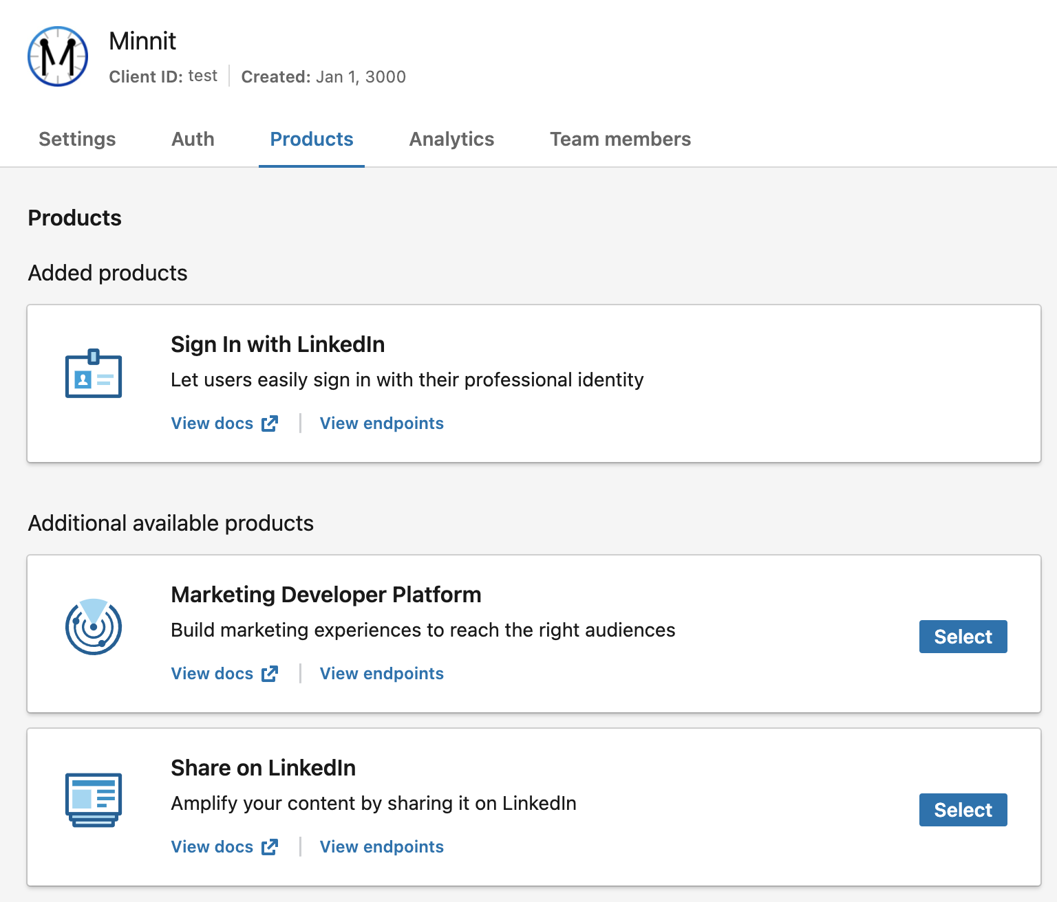 LinkedIn developer products listing example
