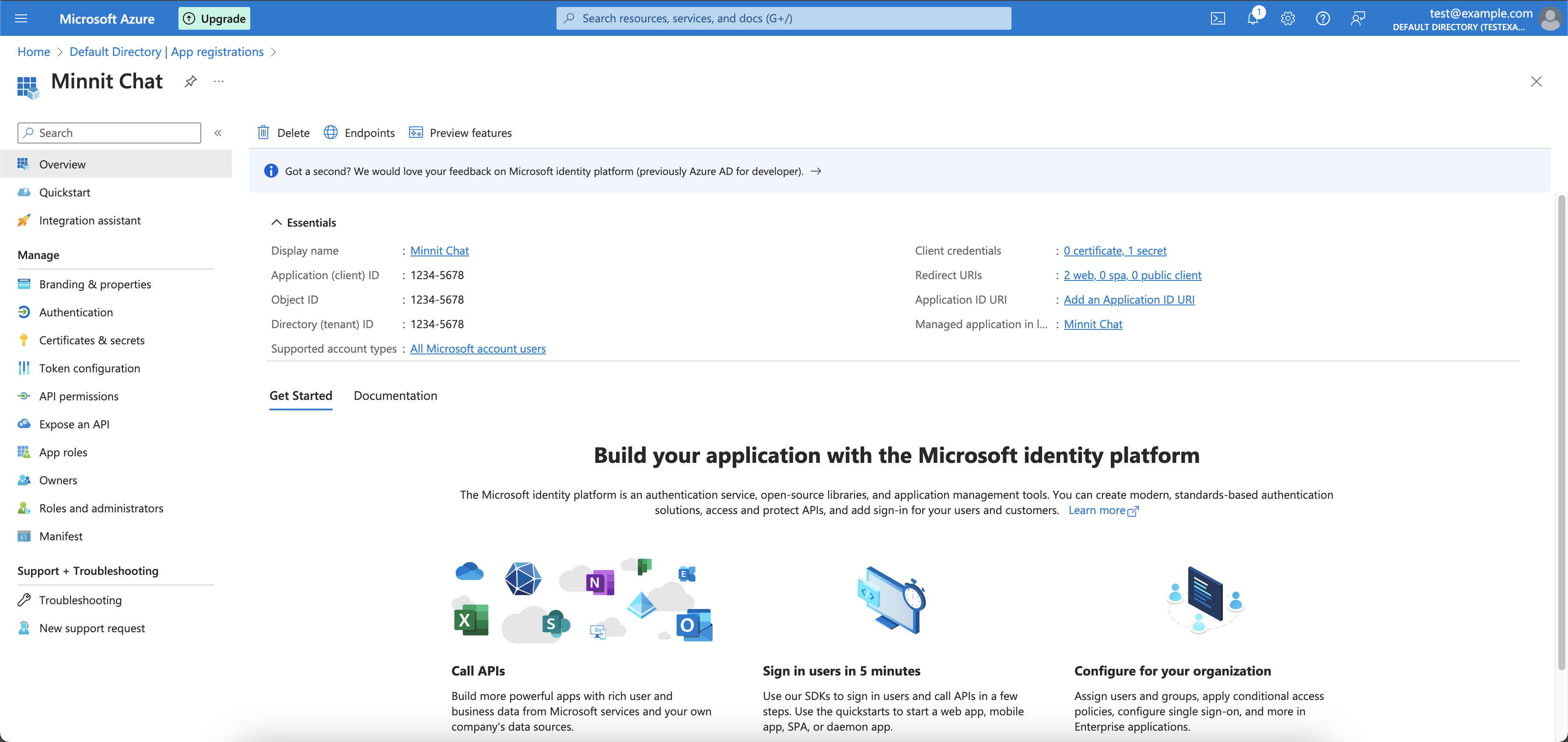 Microsoft SSO application overview page